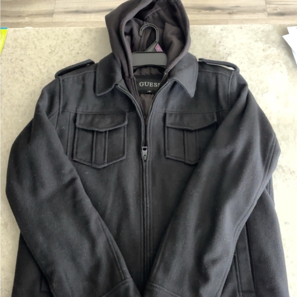 GUESS Men’s Black Hooded Pea Coat